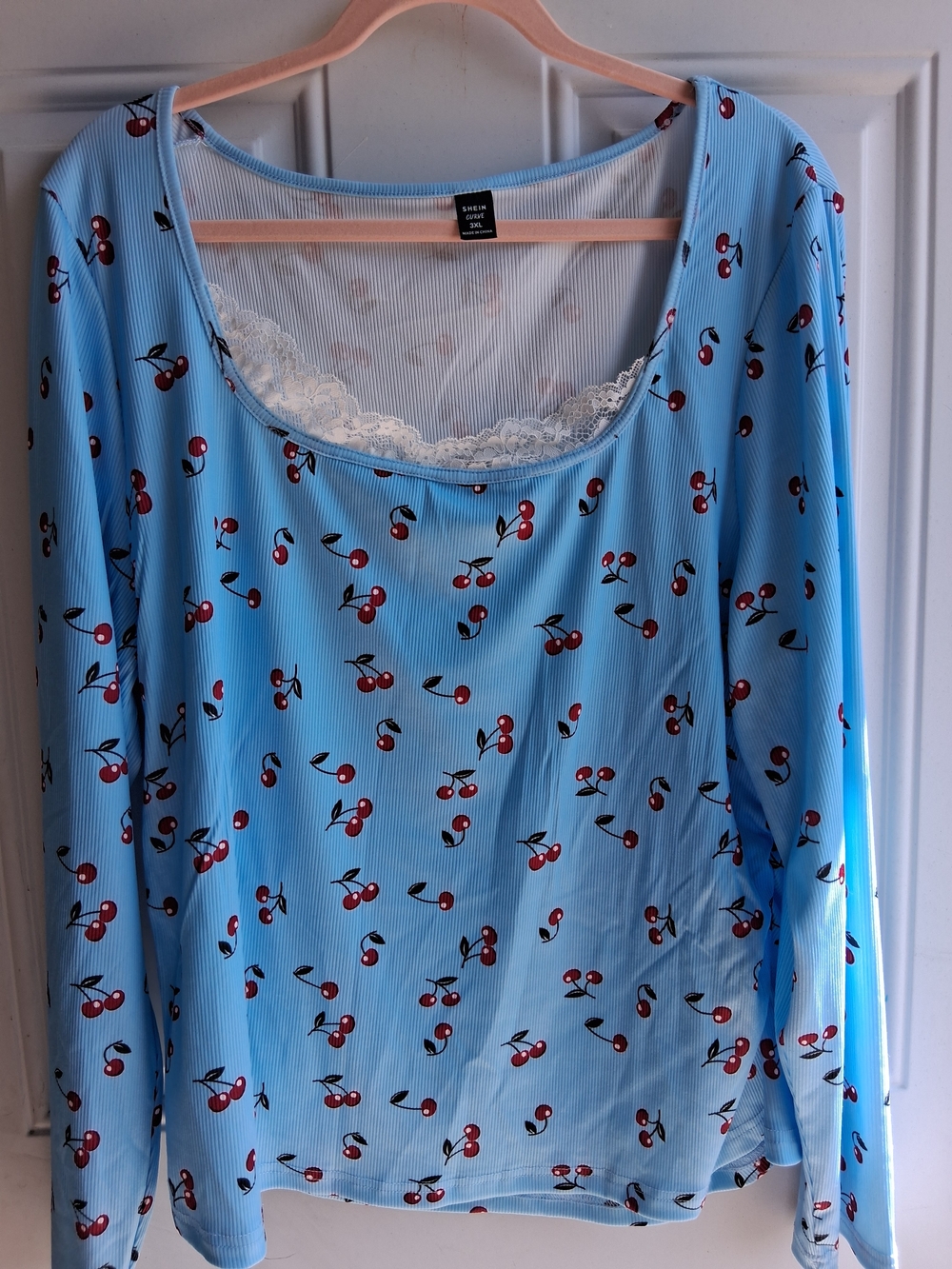 SHEIN Light Blue Cherry Print Long Sleeve Top